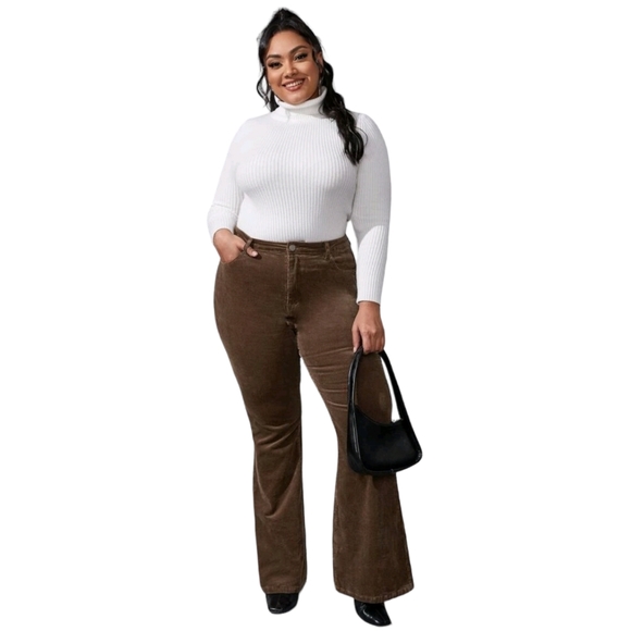 SHEIN Pants - Shein Plus Size 5 Pockets High Waist Brown Corduroy Flare Boot Cut Pants, 2XL